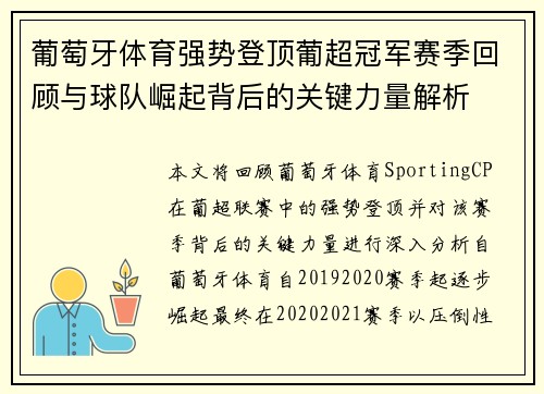 葡萄牙体育强势登顶葡超冠军赛季回顾与球队崛起背后的关键力量解析